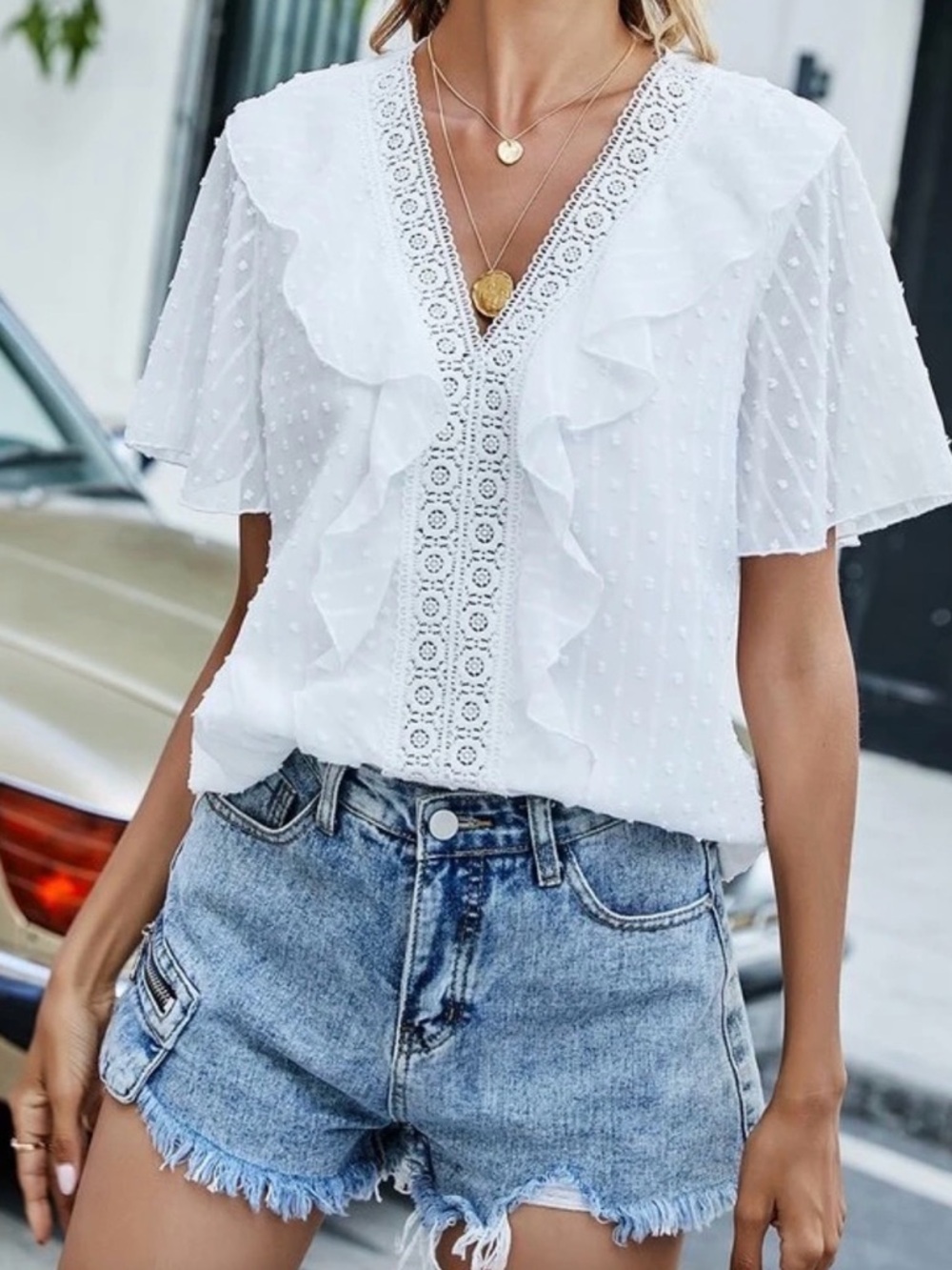 Women's White Ruffled V-Neck Blouse - Lace Trim large
